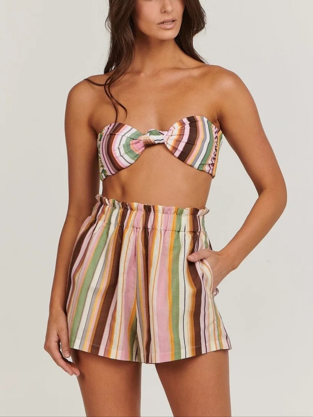Charlie Holiday Madonna Linen Blend High Waisted Striped Paperbag Short Womens 4